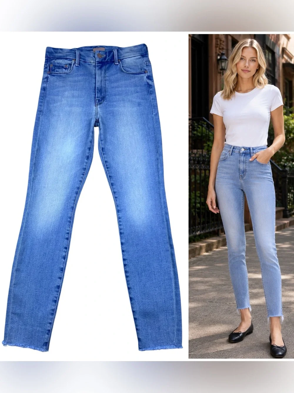 Mother High Waisted Looker Ankle Fray Jeans 27 Au Renoir Blue Skinny Stretch